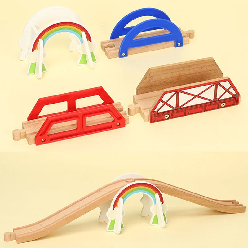 Juguetes de vías de ferrocarril de madera para niños, pista de tren de madera, todo tipo de accesorios de pista de puente, juguetes de pistas de