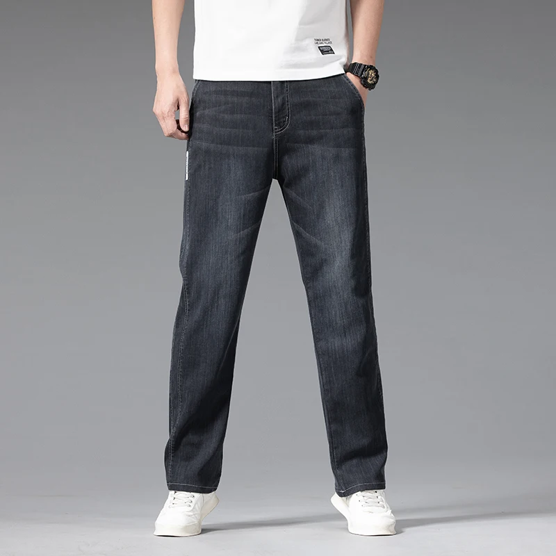 Summer Thin Men\'s Loose Jeans Blue Gray Elastic Waist Stretch Straight Fashionable Light Business Casual Denim Long Pants Male