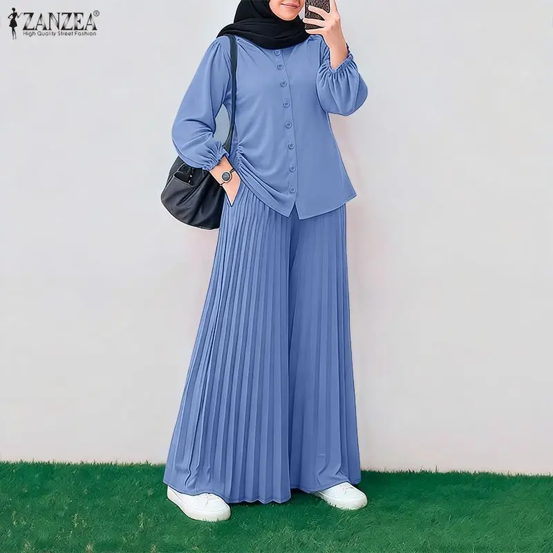 

Модные мусульманские комплекты для Рамадана: Хиджабы и наряды 2026 ZANZEA. Женские брючные костюмы: топы с длинным рукавом, брюки с широкими штанинами, элегантный однотонный деловой костюм.