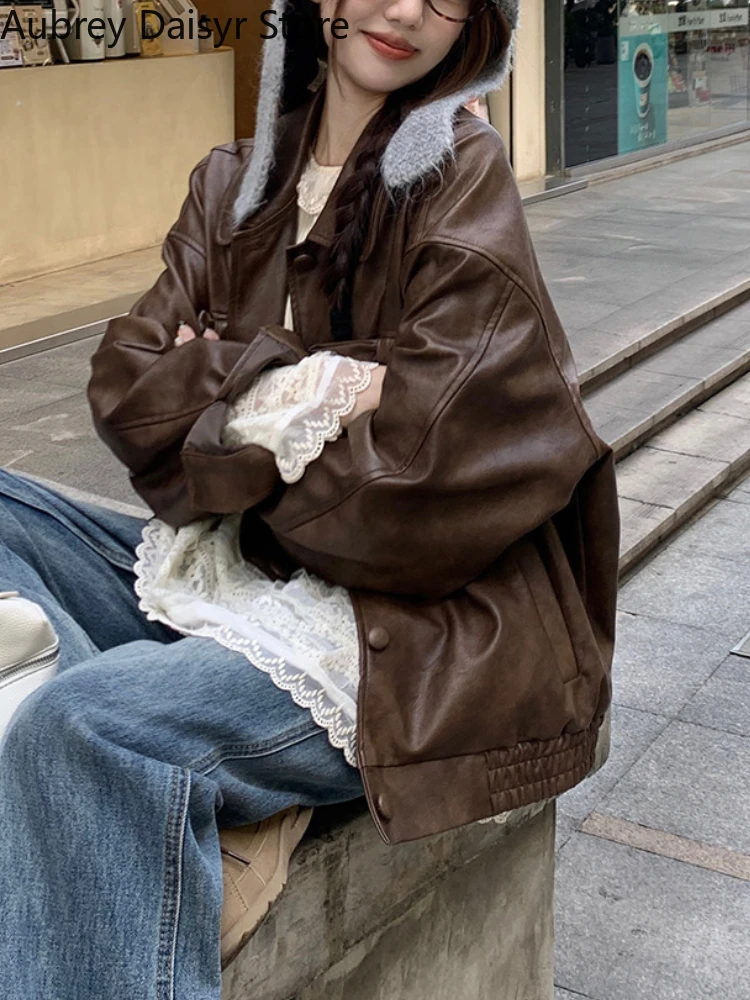 Chaqueta de cuero marrón Punk de invierno para mujer, chaqueta de cuero de motociclista con cremallera de calle alta, ropa de calle informal con diseño de lazo, prendas de vestir exteriores nuevas