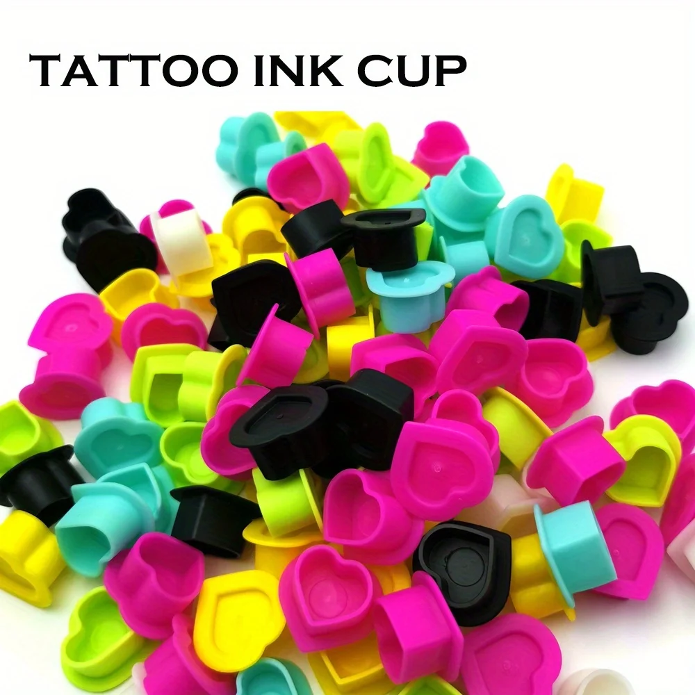 100pcs Tattoo Ink Cups Disposable Silicone Heart Tattoo Pigment Cups Eyebrow Eyeliner Lip Color Pigment Cap Tattoo Accessories