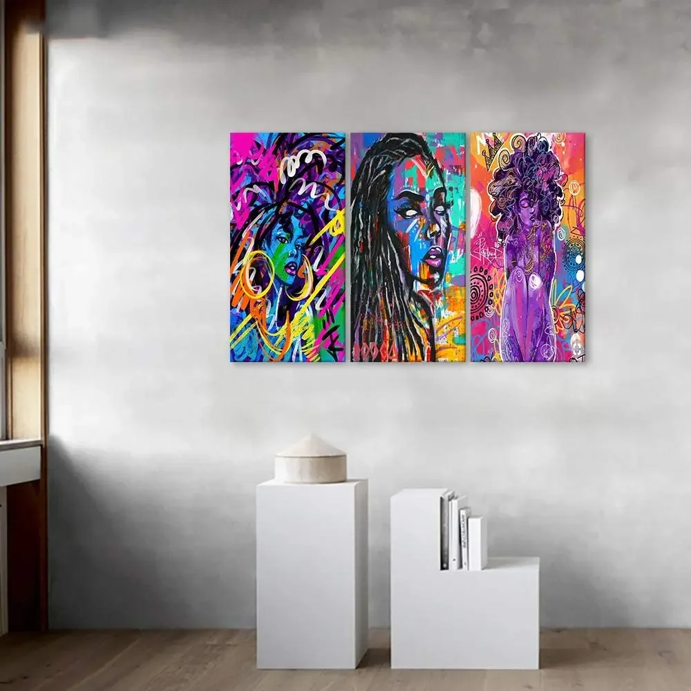 3 Pieces African American Girl Abstract Canvas Wall Art Black Queen Print Contemporary Bright-Coloured Modern Artwork for Home