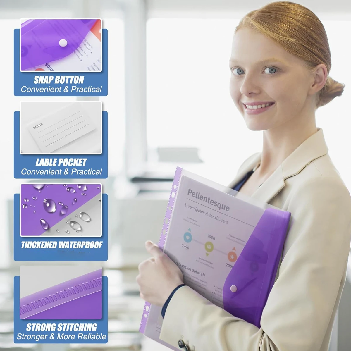 12pcs Punched Pocket Clear Plastic Wallet Binder Folders with 11 Hole File Binder Pockets with Snap Closure