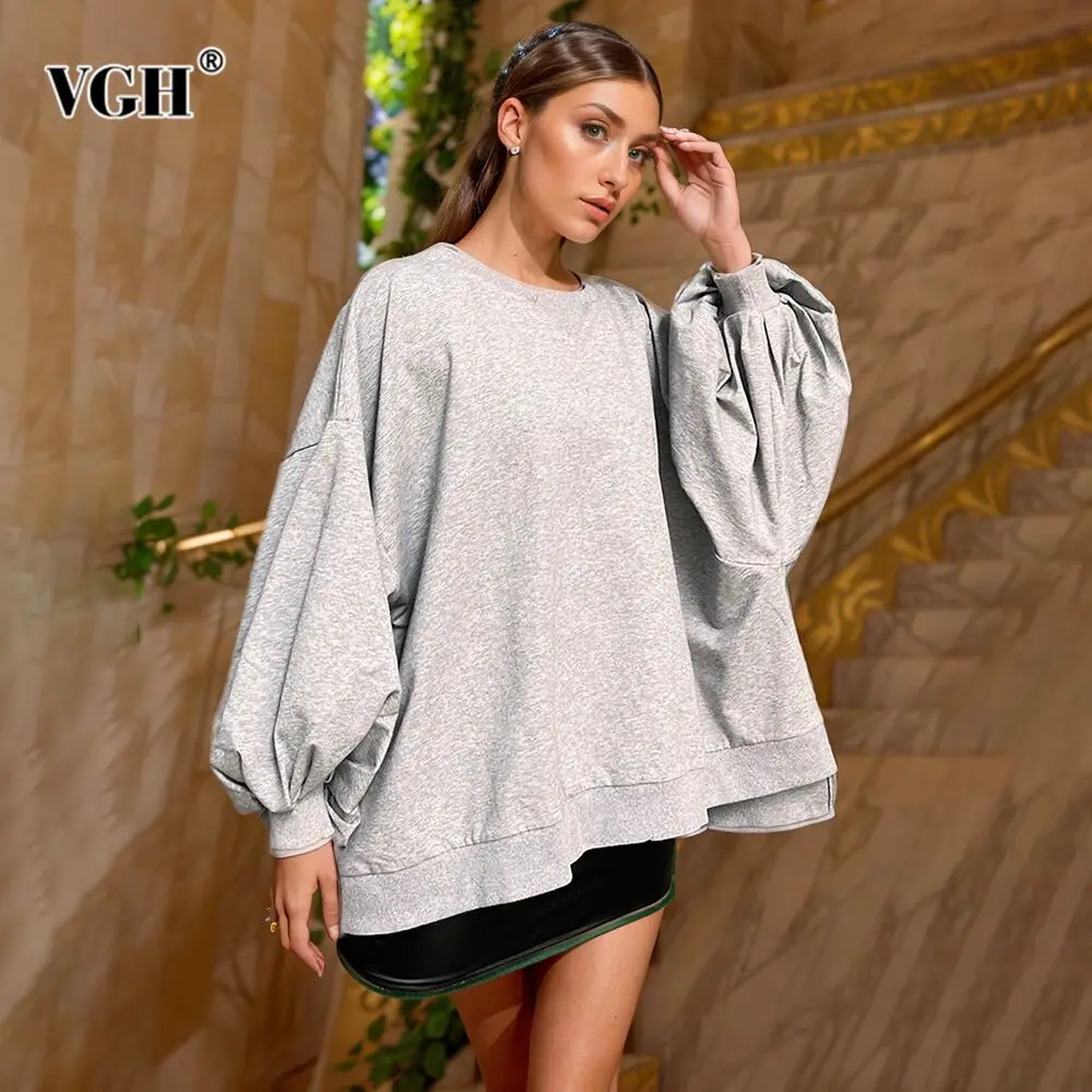 

VGH Solid Casual Loose Sweatshirts For Women Round Neck Long Sleeve Minimalist Pullover Sweatshirt Female Fashion Clothing Style