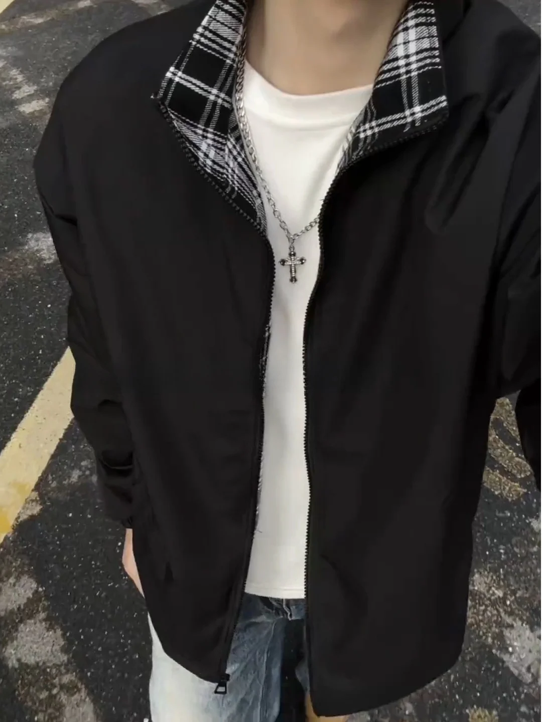 Black American Plaid Jacket Men's Autumn Trendy Sport Coat Short Baseball Uniform Splice Design Casual Style Zipper Closure