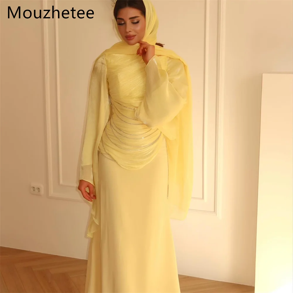

Mouzhetee Elegant Mermaid O-Neck Shiny Yellow Dresses Formal Party Gowns for Women Simple Pleat Prom Gown Customize 2026