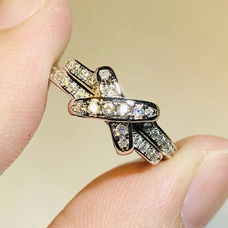 Fashion Female Rings 925 Sterling Silver  X Cross Double Zircon Ring for Women Wedding Trendy Jewelry Dazzling CZ Stone Rings