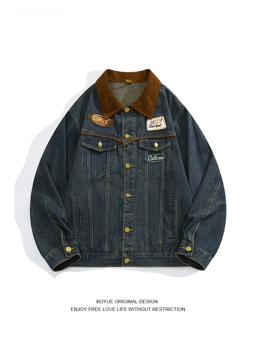 

Boyue American Splicing Retro Denim Jaet Trendy Individual Hip Hop Street Heavy Du Motorcycle Jaet for Men