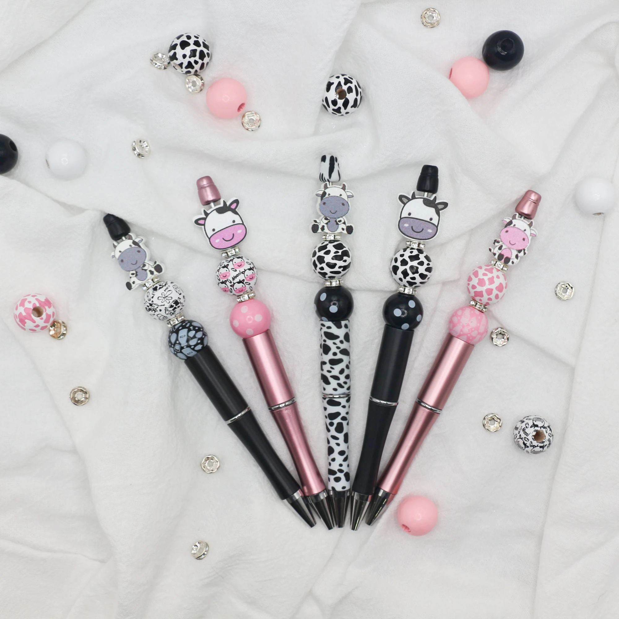 9 pcs  cute cow themed black ink DIY bead ballpoint pen and cute cow shaped wooden beads, glitter set, office and school supplie