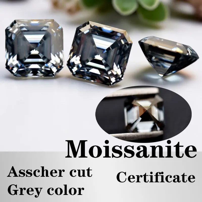 

Moissanite Asscher Cut Grey Color Certificate Hand Cutting VVS1 Artificial Gemstone