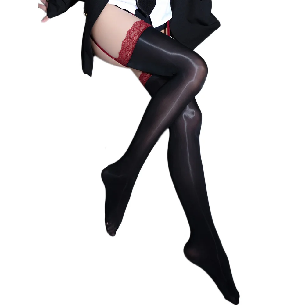 Patchwork Oil Glossy Shiny Pantyhose 8D 912 Pin Stocking Lace Sheer See Through Crotchless Stockings WIth Garters Tights