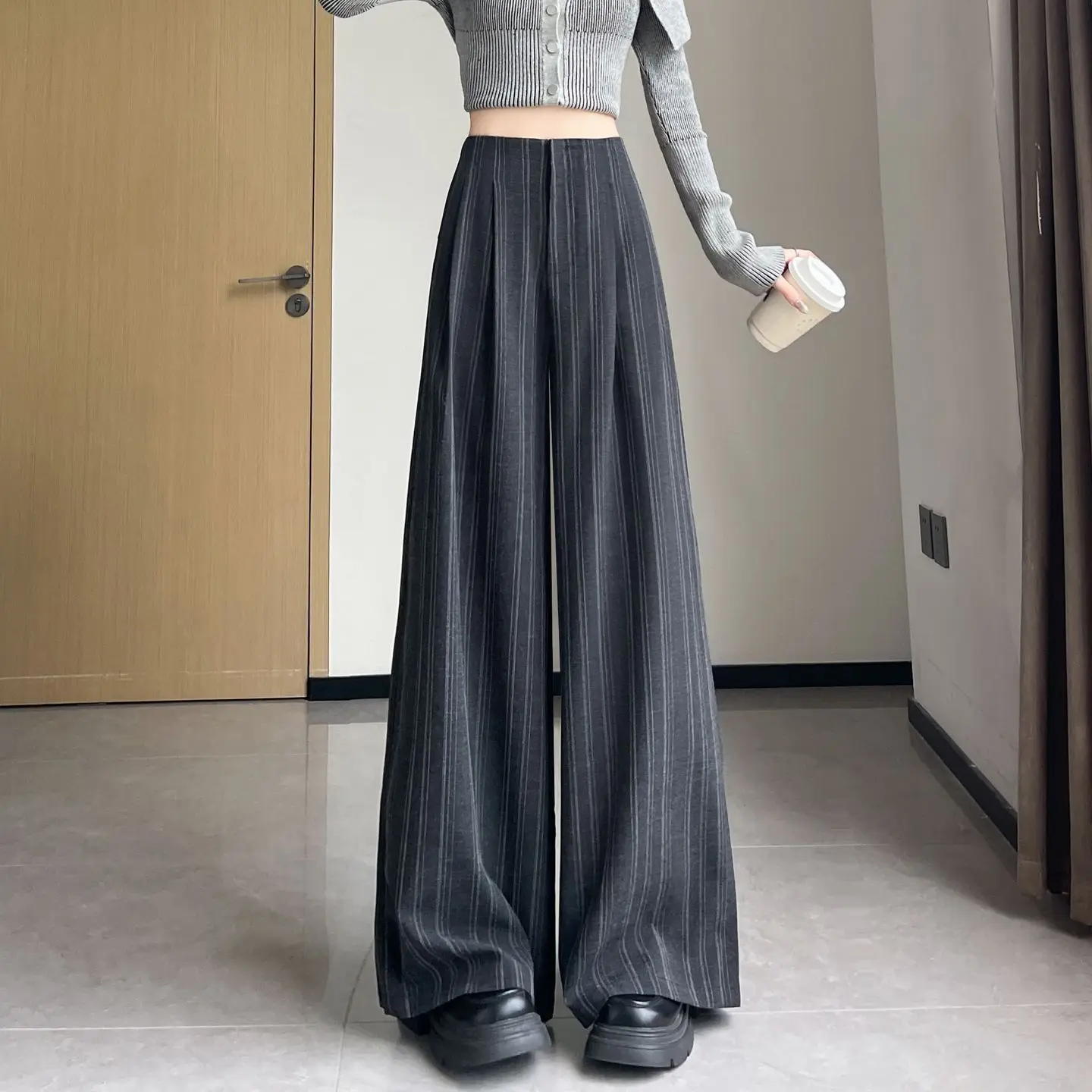 

Women Pants Striped Capris Pocket Elastic Empire Waist Full Length Wide Leg Pants Loose Fit Casual Office 2026 Spring Autumn