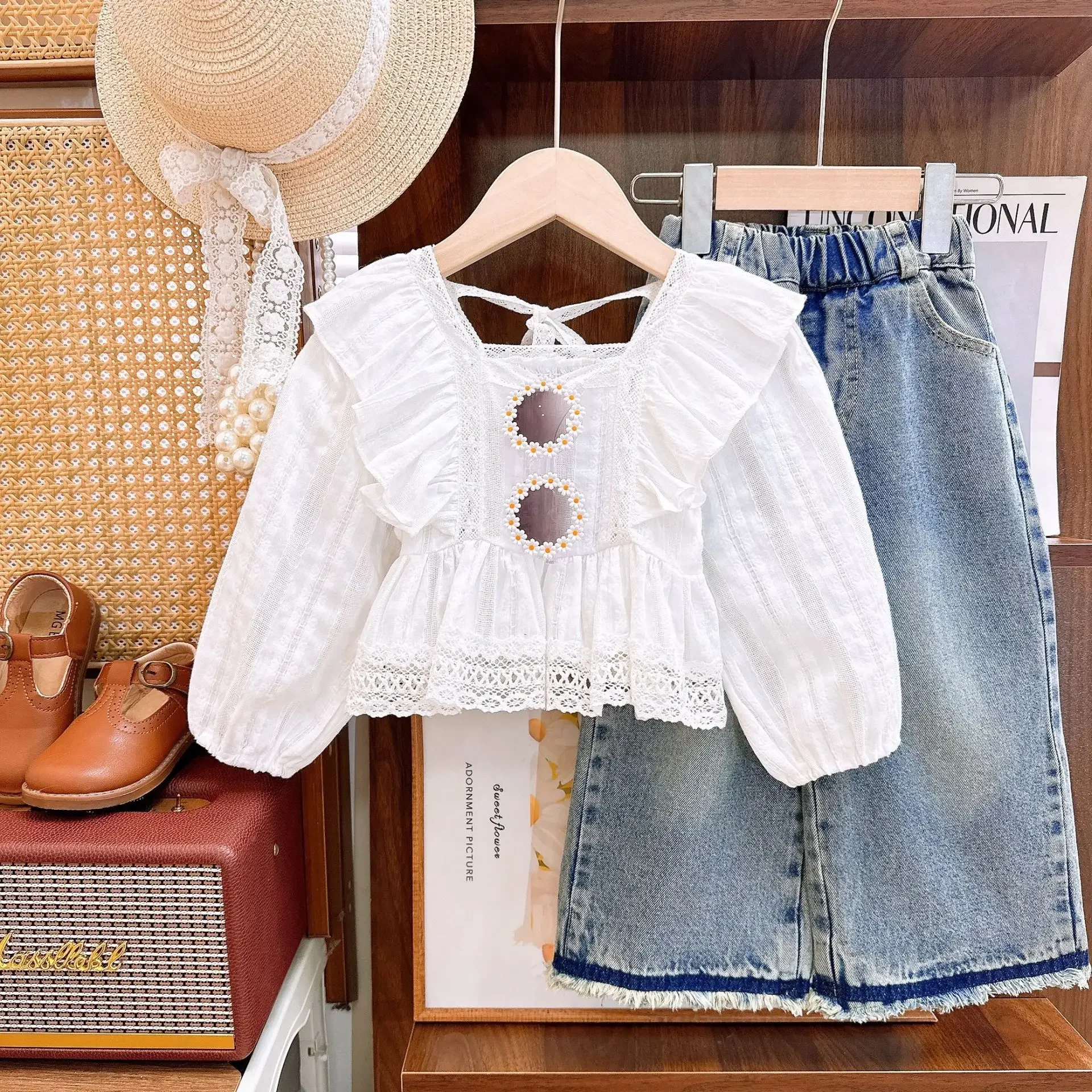 

Children's Clothing Sets Cute Puffy Sleeve Top and Straight-leg Jeans 2pcs Sets Kids Boutique Clothes for Girls 3 To 7 Years