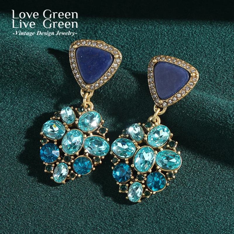 

Vintage Zircon Drop Earrings Triangle Lapis Lazuli Natural Stone Sea Blue Inlays Gold Color Elegant For Women Luxury Designr New