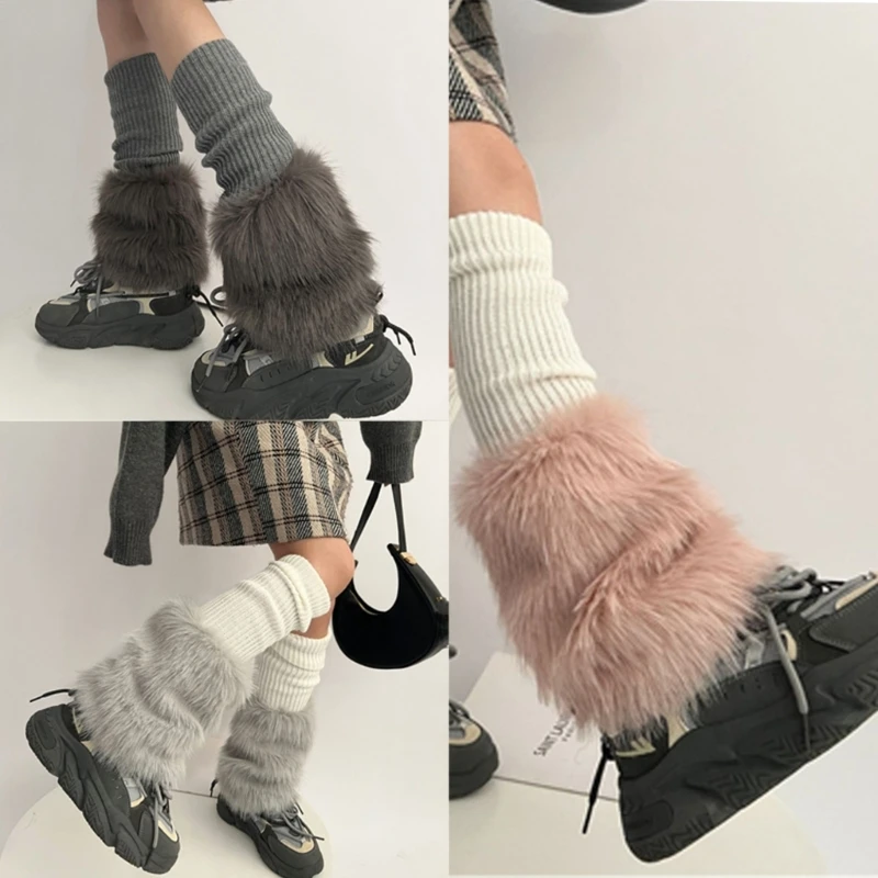 Japanese JK Ribbed Knit Leg Warmer Colorblock Furry Plush Boot Cover Long Socks