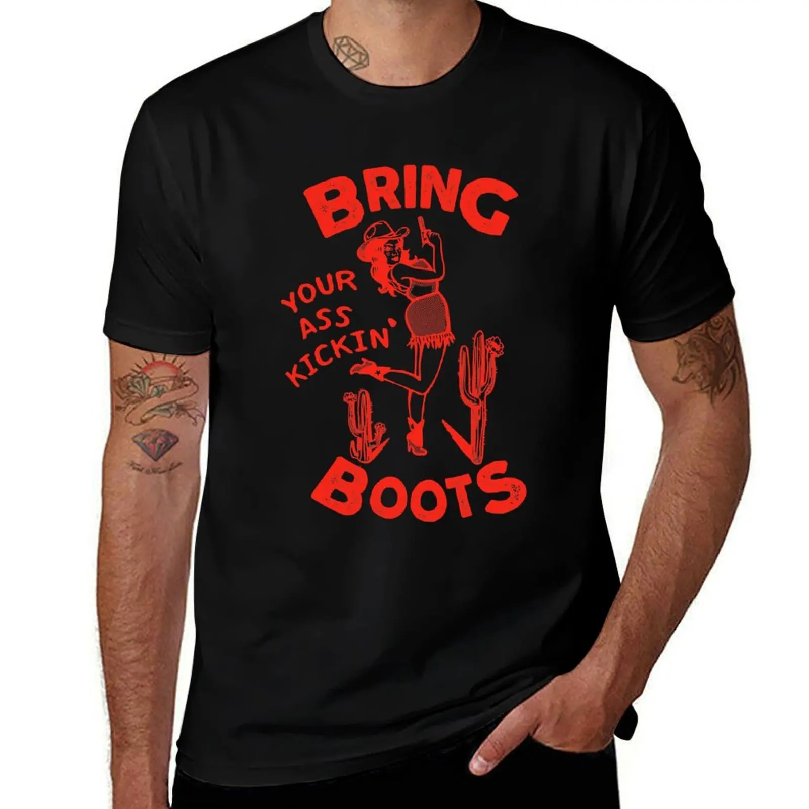 Bring Your Ass Kickin' Boots Retro Pinup Western Cowgirl T-Shirt Sports Casual Short Sleeve Cotton Tee
