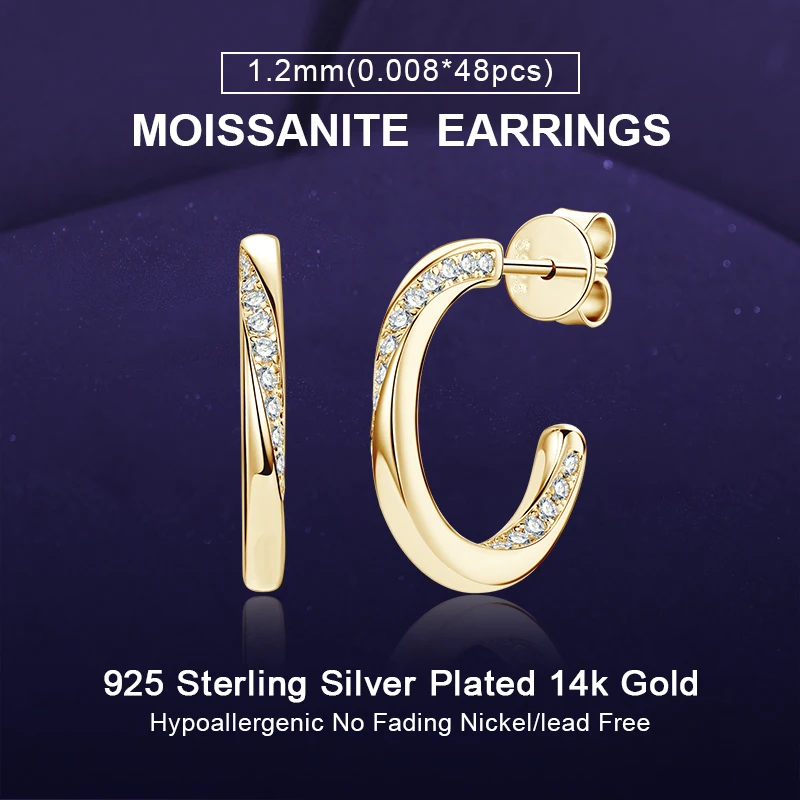 

IOGOU D0.19CT Moissanite Half Hoop Earrings for Women Real 925 Sterling Silver C-shape Stud High Quality Jewelry Engagement Gift