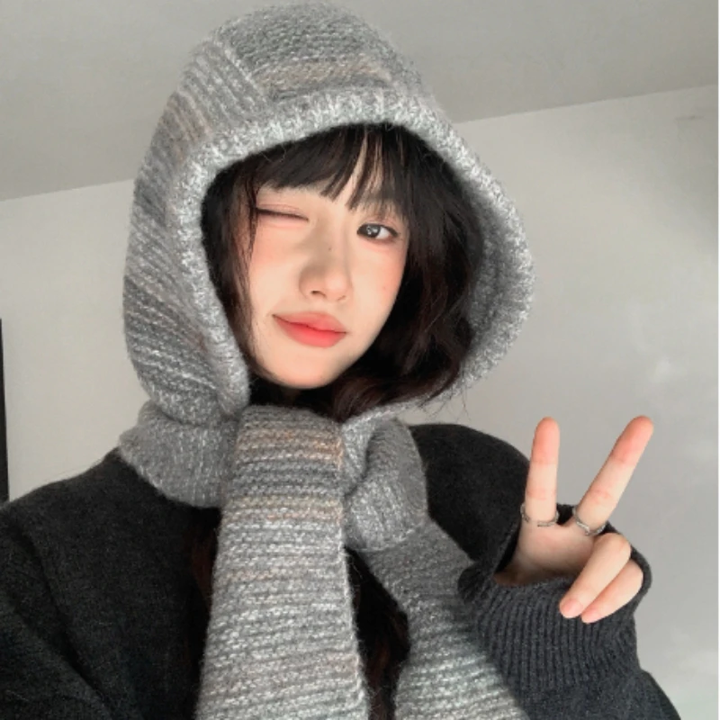 Korean Mixed Color Knitted Balaclava Cap Women Winter Outdoor Warm and Versatile Neck Scarf Integrated One Pullover Bomber Hats