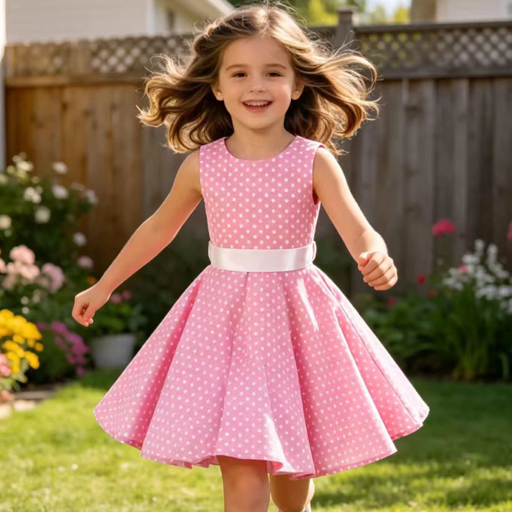 

Girls Vintage Dress Party Retro Polka Dot Floral Pattern A line Dresses Pleated Skirt Knee Length for 4-10 Years