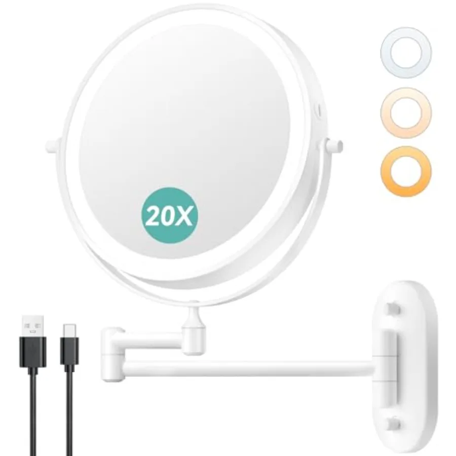 

8'' Wall Mounted Lighted Makeup Mirror, 3200mAh Rechargeable Double-Sided 1X/20X Magnifying Mirror with Light, Touch Dimmable 3