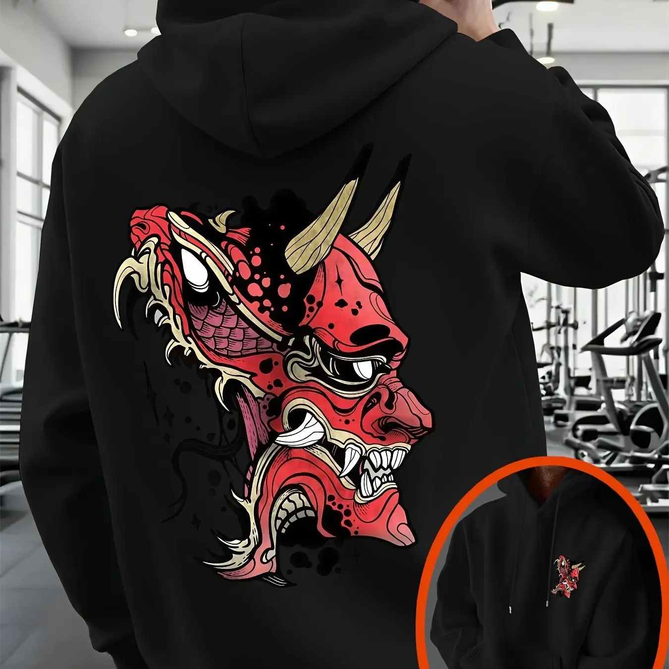 Image of Herren Japanische Oni-Dämonen-Maske Grafik-Hoodie Sweatshirt Roter Teufels-Gesichts-Tattoo-Druck Übergroßer Streetwear Pullover Herbst Winter