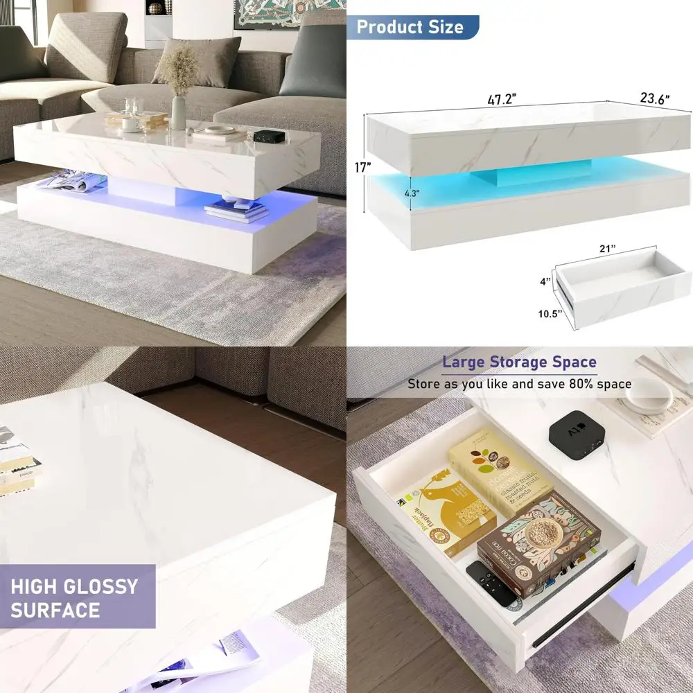 Modern Rectangular High Gloss White LED Coffee Table with 2 Storage Drawers and 20 Color Options