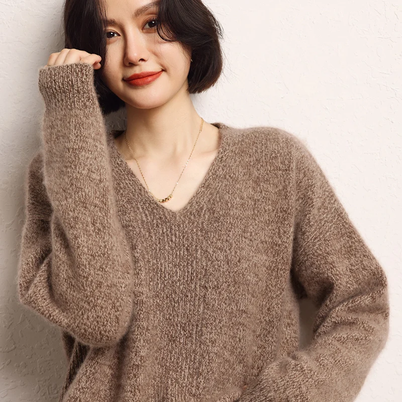 High-End Winter Women\'s 100% Cashmere Sweater Female V-neck Thicken Loose Large Size Pullover Lady Knit Jumper Woman Clothing