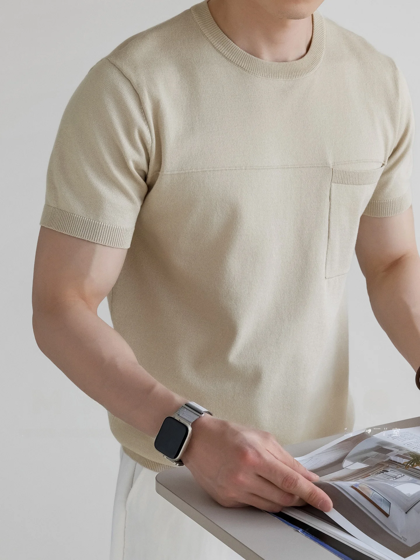 Natural Drape Knitted Short Sleeve T-Shirt Men's Summer Casual Business Anti-Wrinkle Breathable Overhead Shirt Youth Popular ...