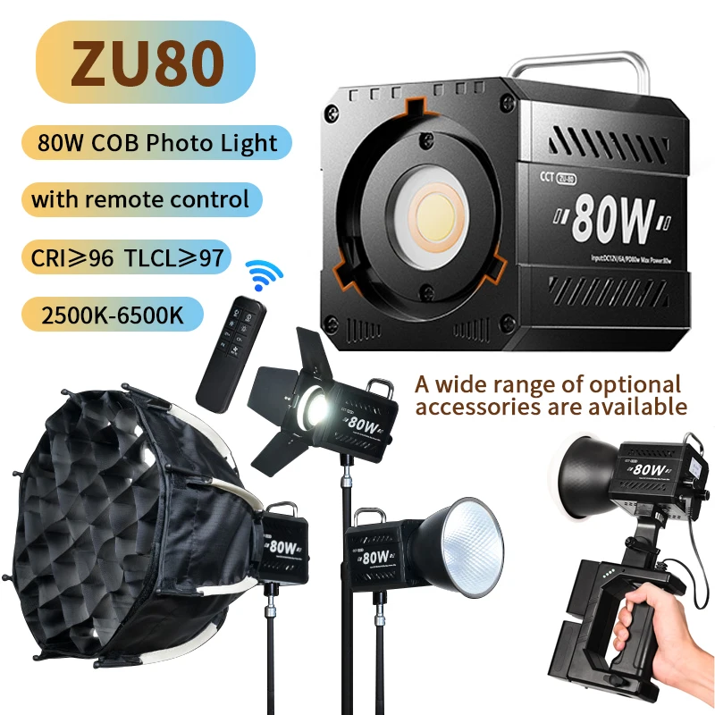 ZU80-Lampe vidéo LED Pro Leic-document, Mini monture Bowens, 80W, COB, 2500-6500K, lumière vidéo extérieure pour la photographie en direct