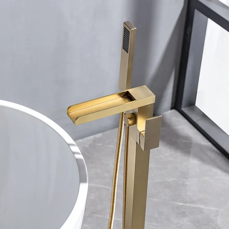 Brushed Gold Brass Waterfall Spout Bathroom Floor Mounted Bathtub Faucet With Handheld Shower Head