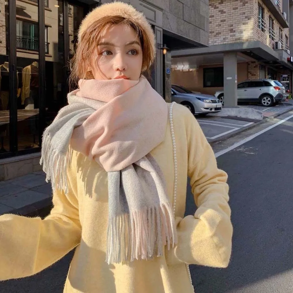 

Классический клетчатый шарф из мягкой шерсти, мягкий вязаный шерстяной шарф из полиэстера, морозостойкий длинный шейный платок контрастного цвета с кисточкой, осень