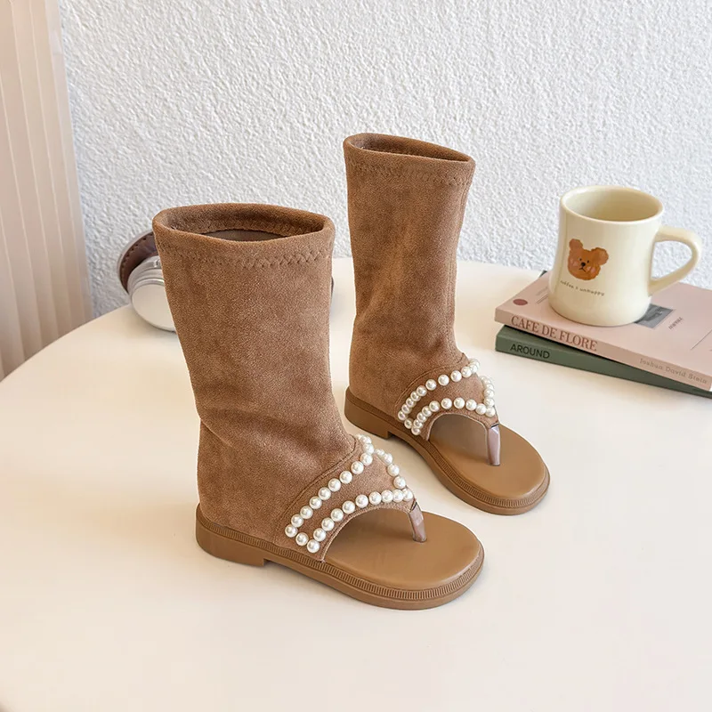 

New Fashion Korean Style Soft Sole Non-slip Versatile Pearl Roman Princess Shoes Children High-top Sandals for Girls Summer