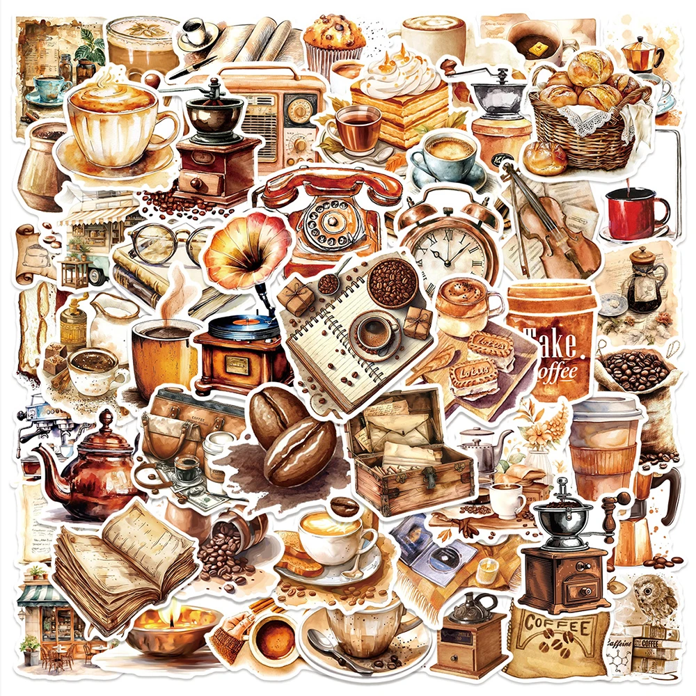 

10/30/50pcs Cartoon Cafe Graffit Stickers Retro Coffee Cocao Decals DIY Stationery Phone Notebook Car Waterproof Sticker Kid Toy