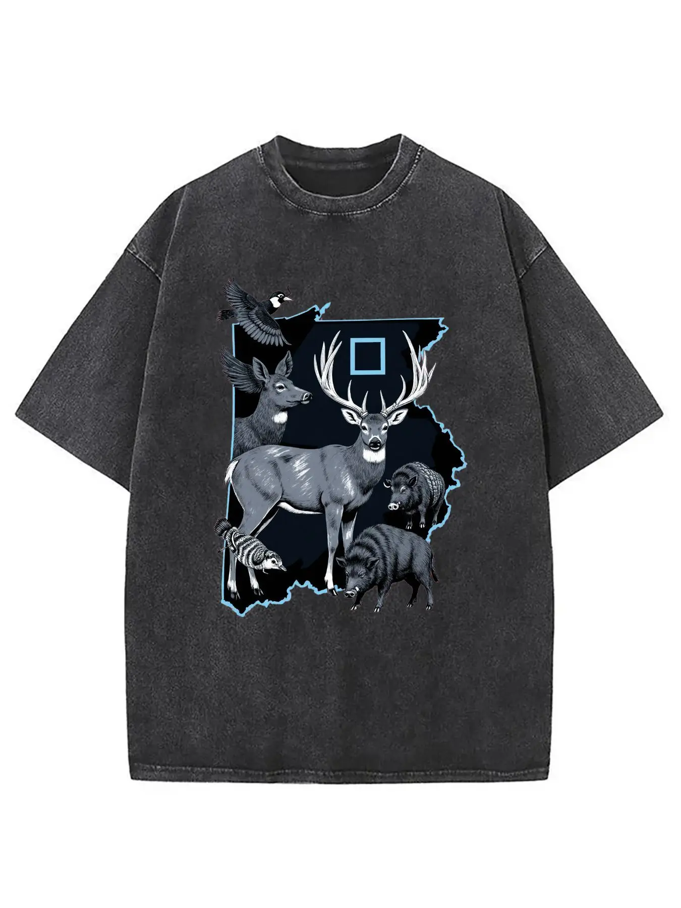 Black T-Shirt with Wildlife Map Pattern, Vintage Washed Round-Neck T-Shirt Featuring Deer, Wild Boar, Raccoon, and Bird Designs. Casual Style, Perfect for Outdoor Enthusiasts. Ideal Gift for Nature Lovers, Birthdays, or Any Occasion to Celebrate with Friends