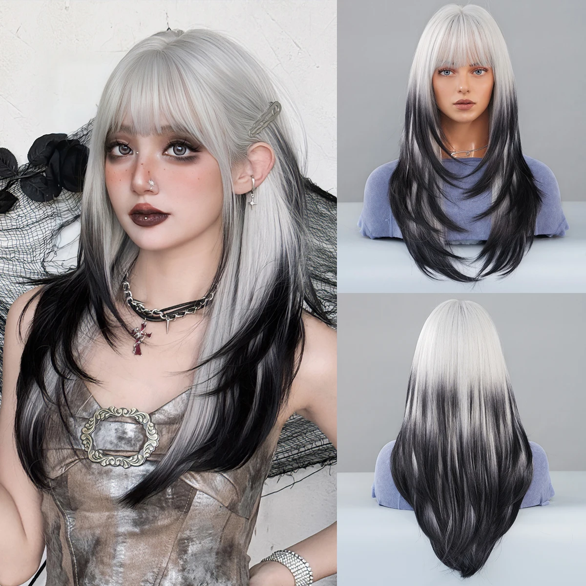 7JHH WIGS Lange, gerade, geschichtete, schwarz-weiße Ombre-Perücke für Damen, synthetische, modische Wear-and-Go-Perücken mit ordentlichem Pony