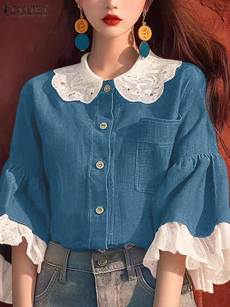 

ZANZEA, корейские модные однотонные топы 2024, женские расклешенные рубашки с рукавами 3/4, повседневная лоскутная блузка на пуговицах со шнуровкой, элегантные простые футболки