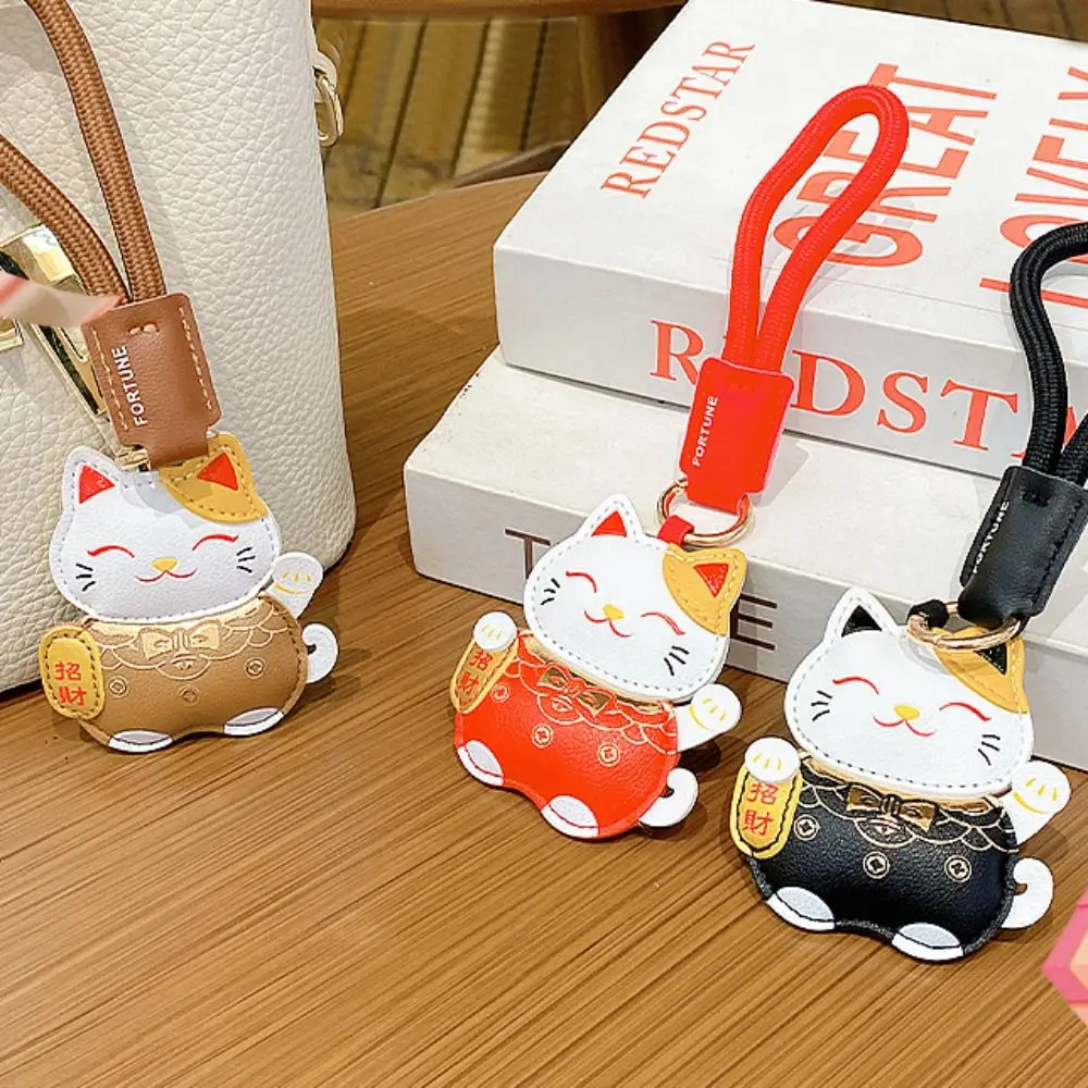 Cartoon Pu Leather Fortune Cat Keychain Get Rich Wealth Maneki Neko Pendant Red Fortune Cat Ornament Bag Hanging