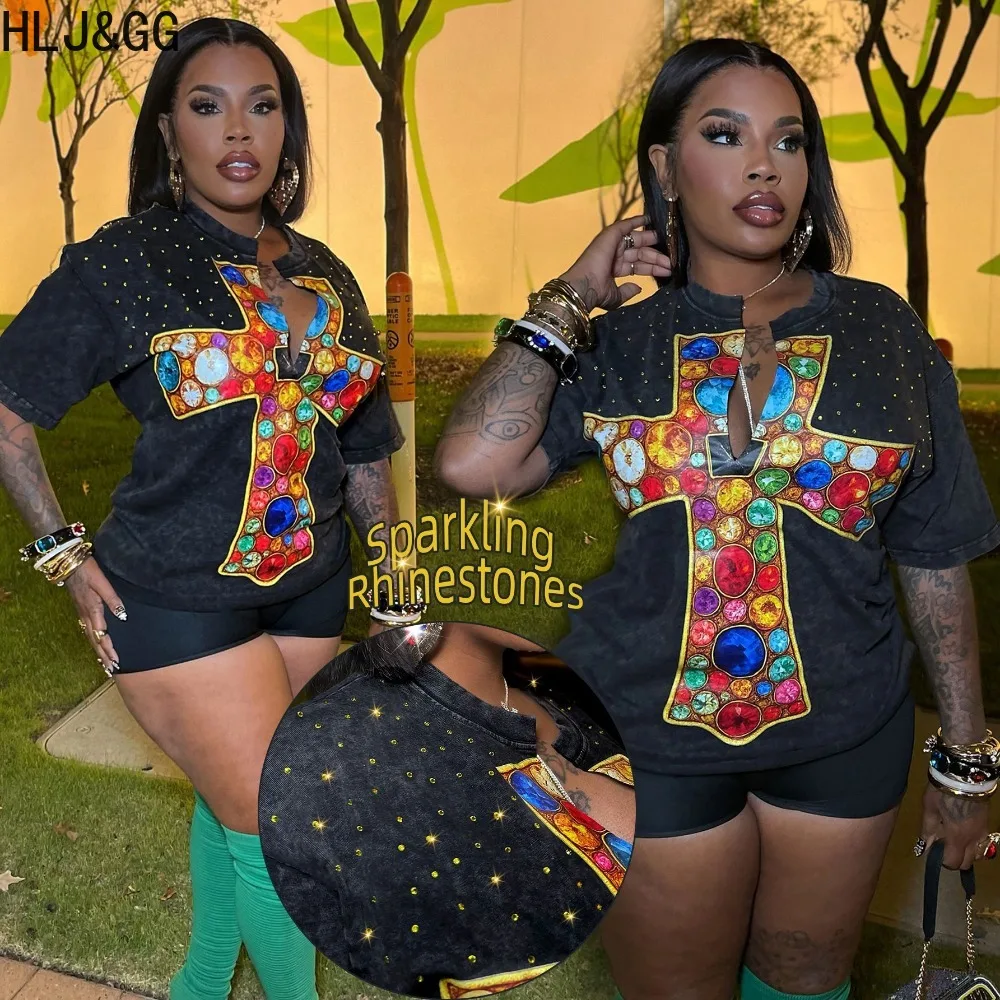 HLJ&GG Black Y2K Fashion Retro Diamond Oversized Tshirts Two Piece Sets Women Round Neck Loose Top And Shorts Outfits Streetwear