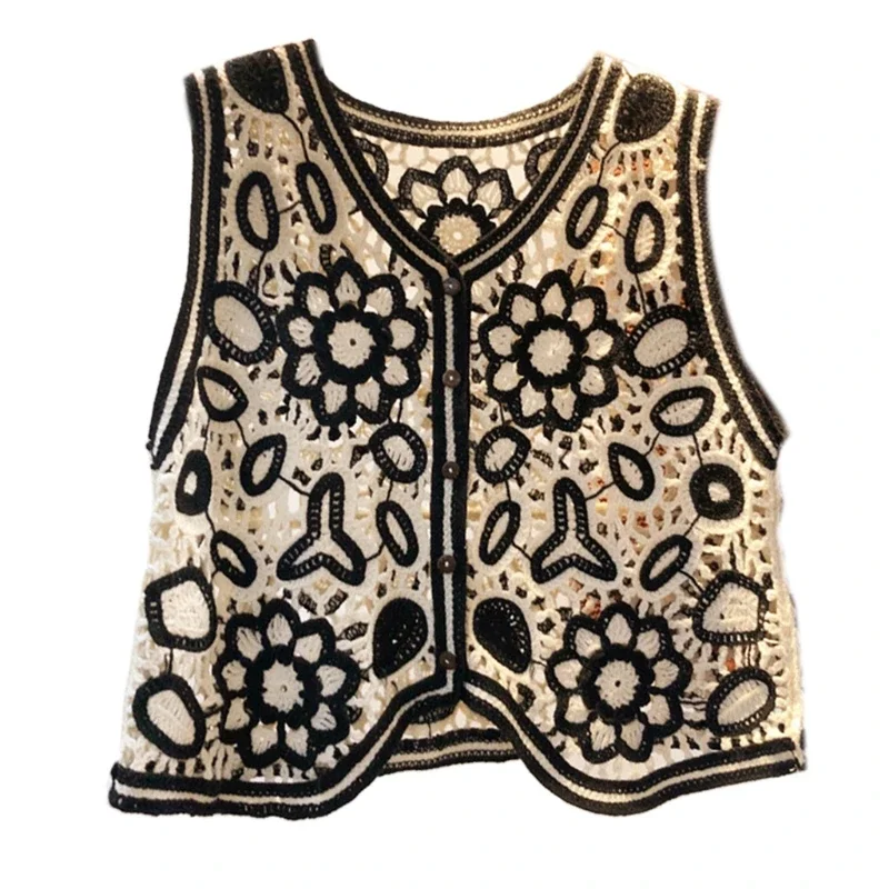 BSDFFO Women Crochet Knit Vest Waistcoat Vintage Colorful Floral Pattern Sleeveless Cardigan for Jacket Hippie V-Neck Crop