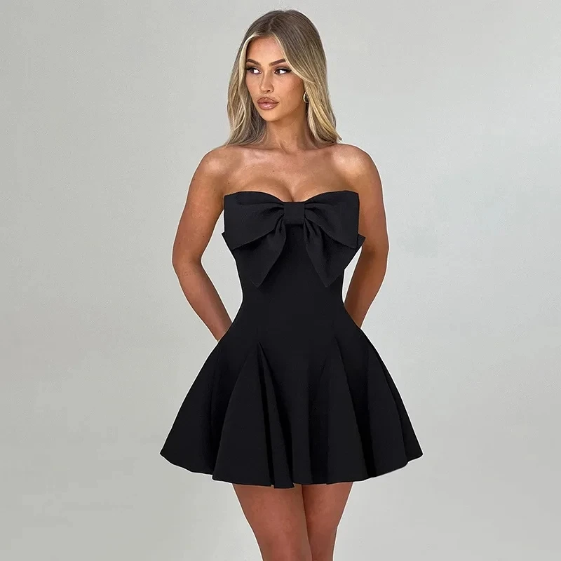 

Sexy Dress Sleeveless Tube Top One-line Collar Large Bow Decoration Sexy Solid Color Short Dress Summer Women A-line Waist Dress