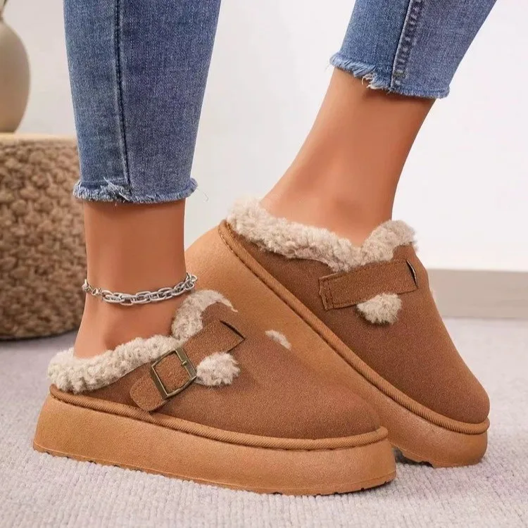 Winter New Womens Boken Shoes Fashion Retro Plush Bean Shoes Luxury Lady Cotton Flat Sole Slippers Platform Boots