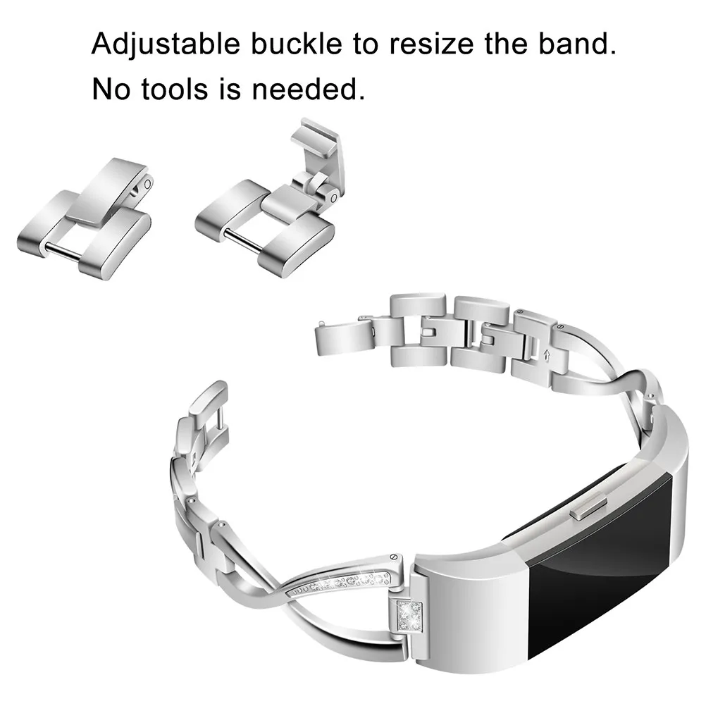 

X Shape Stainless Steel Bling Rhinestone Chain Band Strap Silver Compatible for Fitbit Charge2 Adjustable Luxury