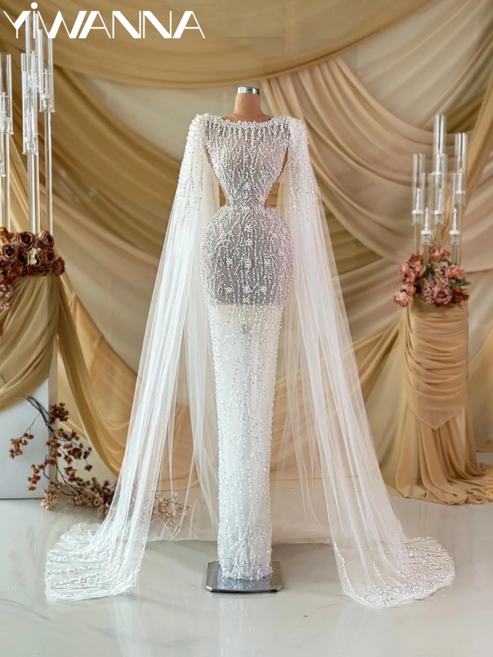 

White Luxurious Pearls Wedding Dress Dreamy Illusion Cape Sleeve Bridal Gown 2026 New Customized Straight Long Dresses For Bride