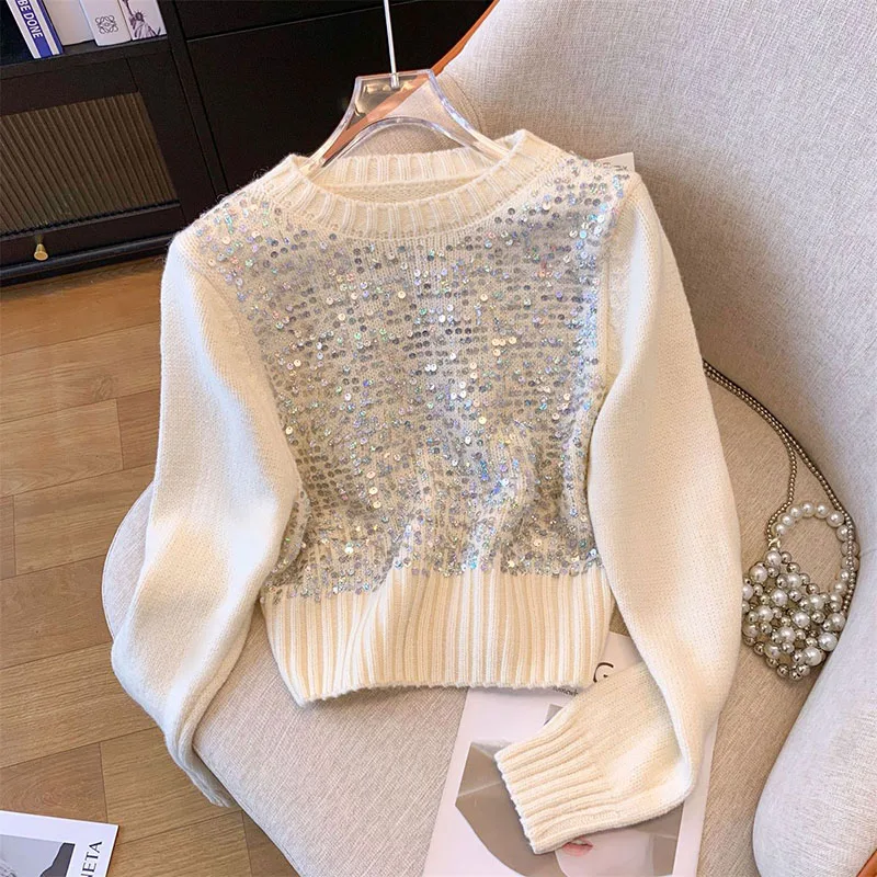 Chic Sequin Women Sweater Pullovers O Neck Knitwear y2k Tops Female Long Sleeve Casual Knit Jumper Women clothing spring autumn