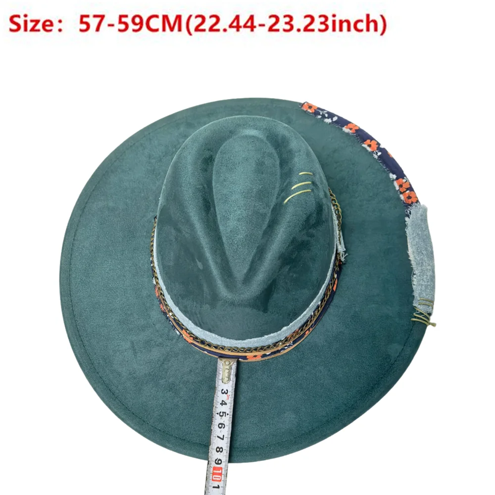 Women Men Handmade Wide Brim Jazz Trilby Fedora Hat Lady Hand Drawn Green Cowboy Hat Adjustable Size