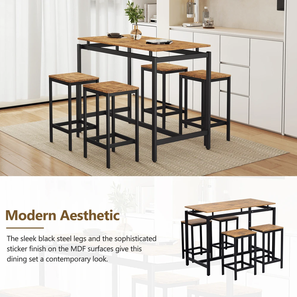 TREXM 5-Piece Compact Bar Table Set with Table and Stools - Modern Industrial Design, Space-Saving Furniture(Brown)