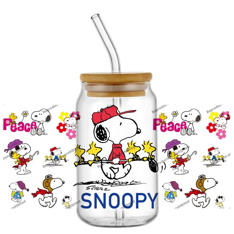 Miniso لطيف الكرتون سنوبي نمط UV DTF نقل الزجاج ملصق مقاوم للماء نقل الشارات ل 16 أوقية كوب زجاجي التفاف ملصقات