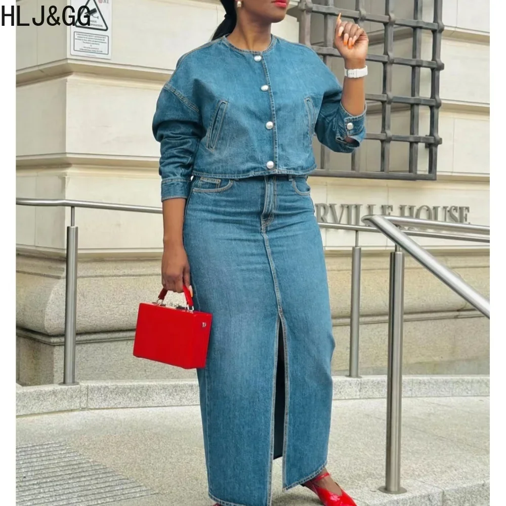 HLJ&GG Autumn New Denim Two Piece Sets Women Button Long Sleeve Top And Slit Skirts Outfits Blue Fashion Cowboy 2pcs Streetwear