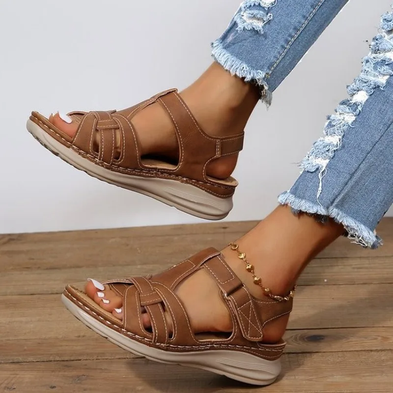 2024 Hot Sale Ladies Shoes Open Toe Women's Sandals Summer Rome Hollow Solid Outdoor Casual Comfortable Beach Wedge Sandals image 3
