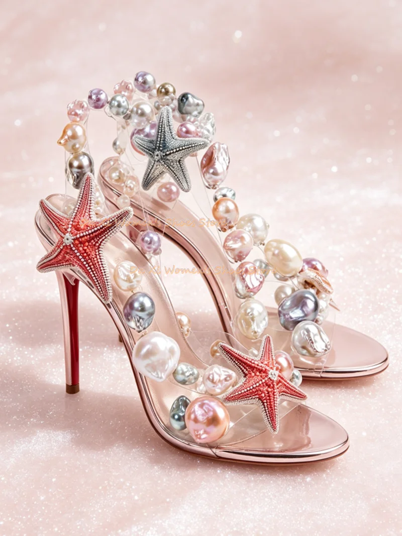 Baroque Pearl Starfish Decor High Heel Sandals Transparent PVC Open Toe Slingback Stiletto Heel Party Wedding Dress Shoes 2026 view 4